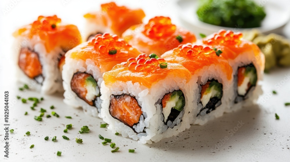 Delicious sushi rolls beautifully arranged on a white plate with vibrant toppings, inviting taste buds to indulge in culinary artistry Delicious sushi rolls beautifully arranged on a white plate with vibrant toppings, inviting taste buds to indulge in culinary artistry