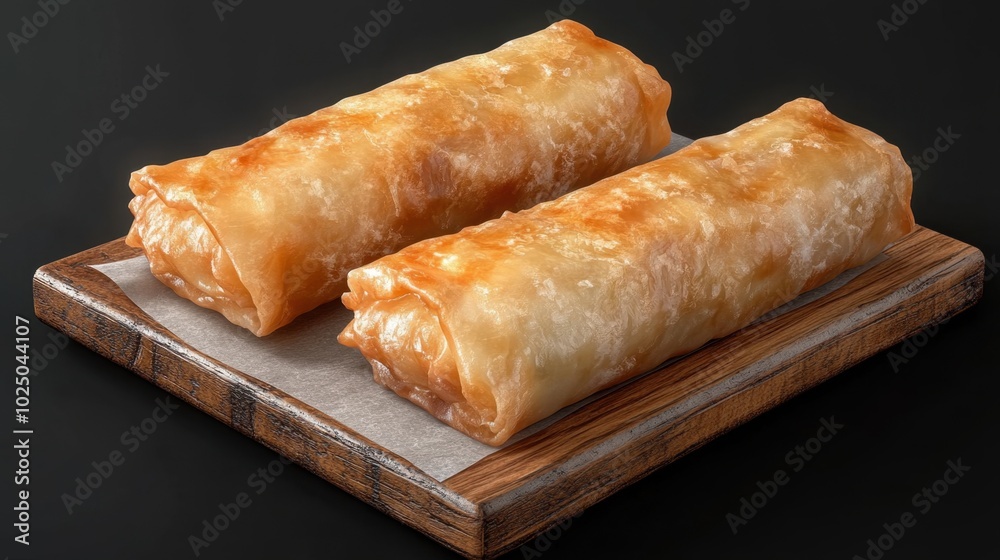 Crispy spring rolls served on a wooden board with a dark background, showcasing a delicious appetizer ready to be enjoyed Crispy spring rolls served on a wooden board with a dark background, showcasing a delicious appetizer ready to be enjoyed