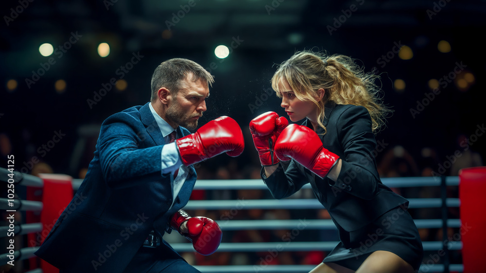 a businessman and a businesswoman in business suits during a boxing match in the boxing ring a businessman and a businesswoman in business suits during a boxing match in the boxing ring
