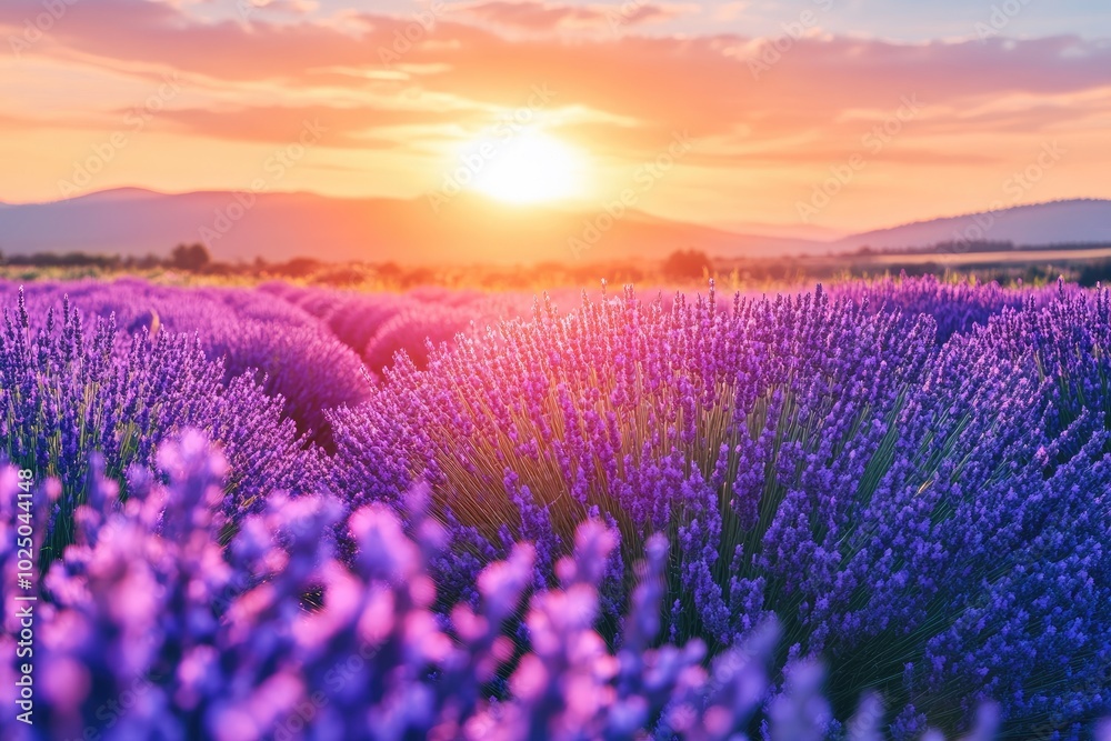 Obraz premium Sunset is shining over a beautiful lavender field in provence