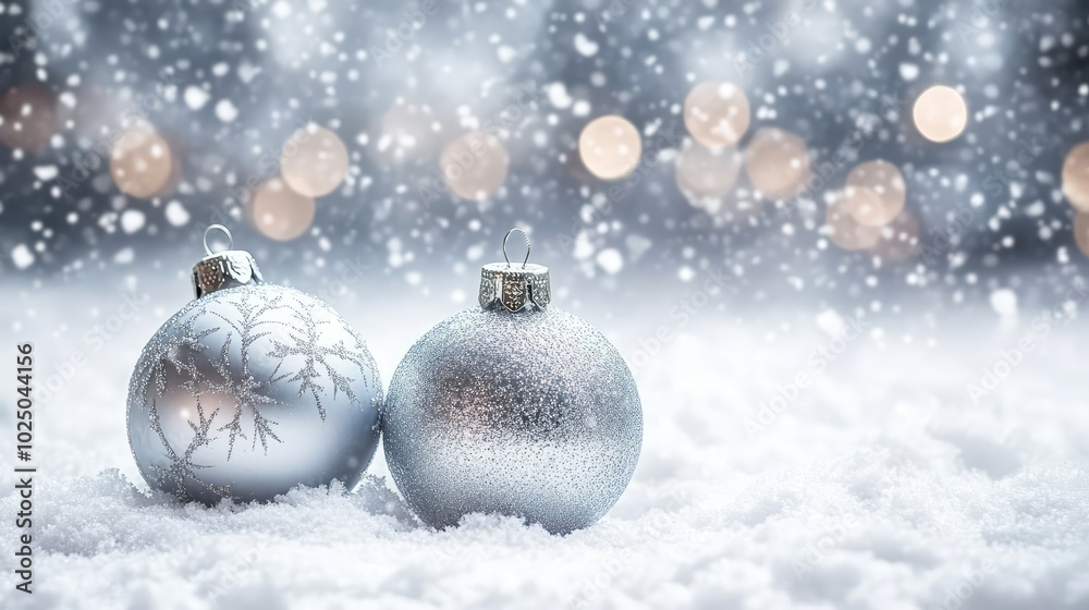 Silver Christmas ornaments on snowy background. AI generated illustration.