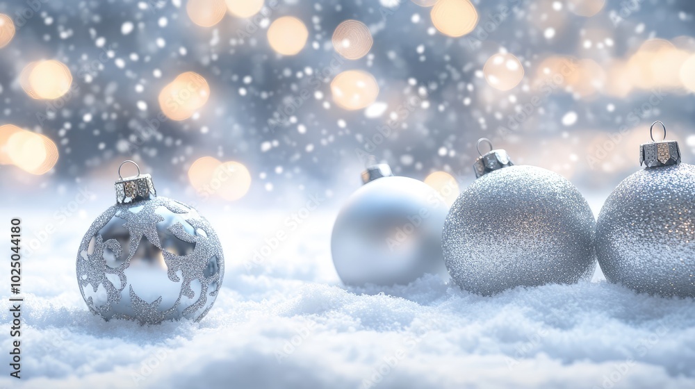 Silver Christmas ornaments on snowy background. AI generated illustration.
