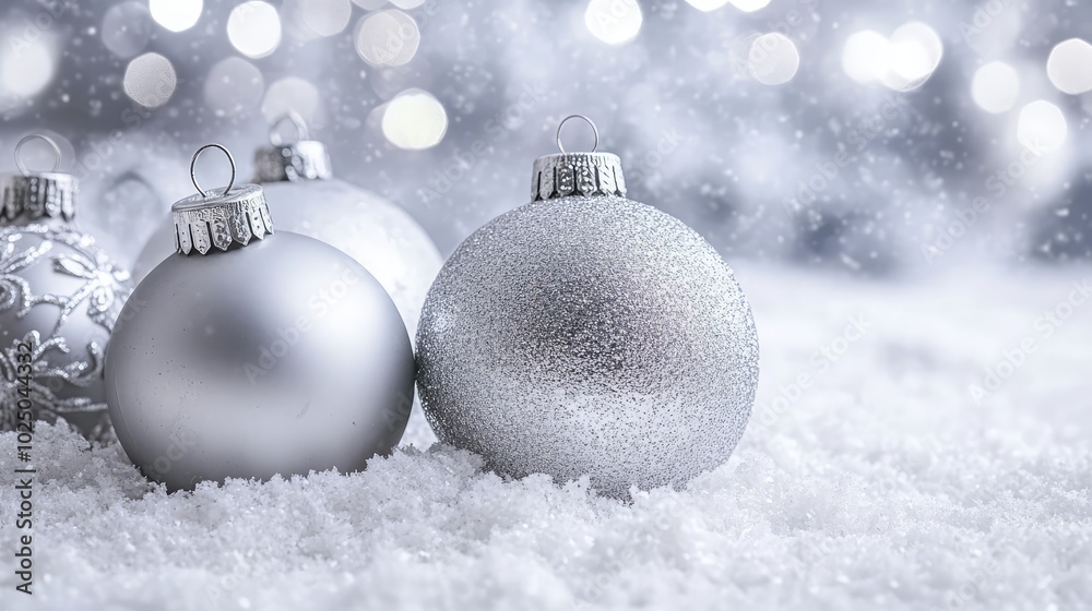 Silver Christmas ornaments on snowy background. AI generated illustration. Silver Christmas ornaments on snowy background. AI generated illustration.