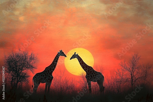 Silhouette of a giraffe with a sunset view photo