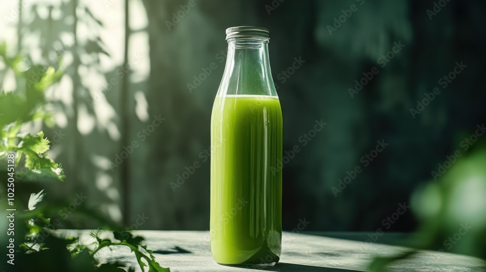 Refreshing green juice in a glass bottle captures the essence of vitality in a tranquil setting filled with plants
