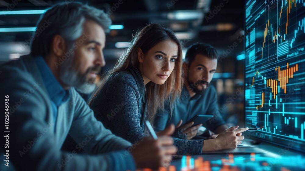 Focused business team analyzes financial data on digital screen in modern office, collaborating for investment decisions and strategy planning. Focused business team analyzes financial data on digital screen in modern office, collaborating for investment decisions and strategy planning.