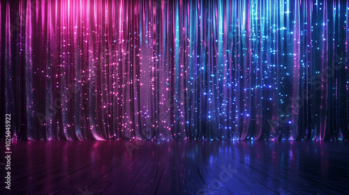 Sparkling stage curtains with colorful lights and wooden floor