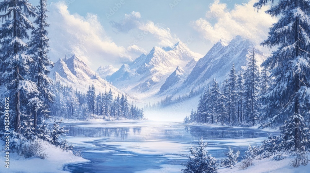 Obraz premium Serene Winter Wonderland Snowy Mountain Frozen Lake and Majestic Pines