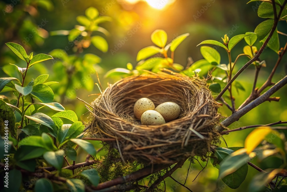 Beautiful Bird Nest in Nature with Eggs Surrounded by Greenery and Twigs in a Peaceful Setting Beautiful Bird Nest in Nature with Eggs Surrounded by Greenery and Twigs in a Peaceful Setting