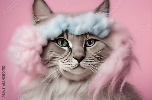The cats have exaggerated, with enormous, fluffy tails like cotton candy