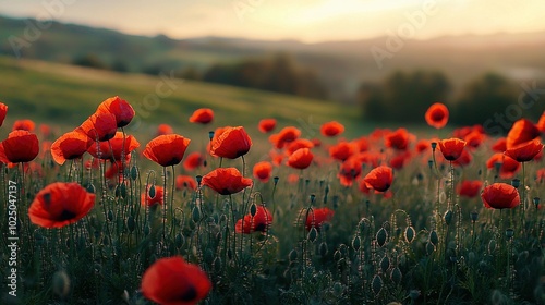  Red flowers dot green grass field at sunset