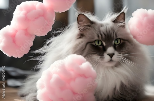 The cats have exaggerated, with enormous, fluffy tails like cotton candy