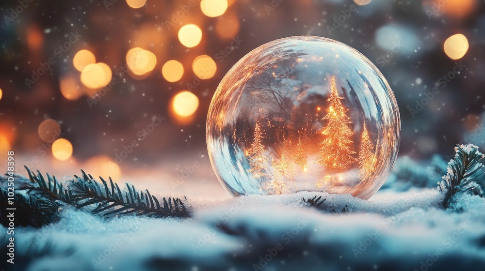 Glass ornament in snow, reflecting frosted branches and warm holiday lights Glass ornament in snow, reflecting frosted branches and warm holiday lights