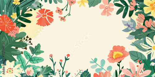 A colorful, vibrant tropical floral border with a variety of flowers and leaves, perfect for creative designs, invitations, or backgrounds. Features hibiscus, lilies, and lush greenery for a summery f