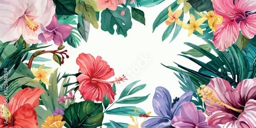 A colorful, vibrant tropical floral border with a variety of flowers and leaves, perfect for creative designs, invitations, or backgrounds. Features hibiscus, lilies, and lush greenery for a summery f