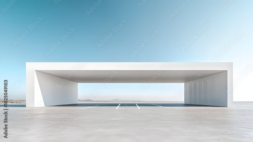 1. A spacious 3D rendering of a white minimal architecture building set against a clear blue sky, featuring an empty concrete floor car park, creating an ideal mockup scene with ample copy space 1. A spacious 3D rendering of a white minimal architecture building set against a clear blue sky, featuring an empty concrete floor car park, creating an ideal mockup scene with ample copy space