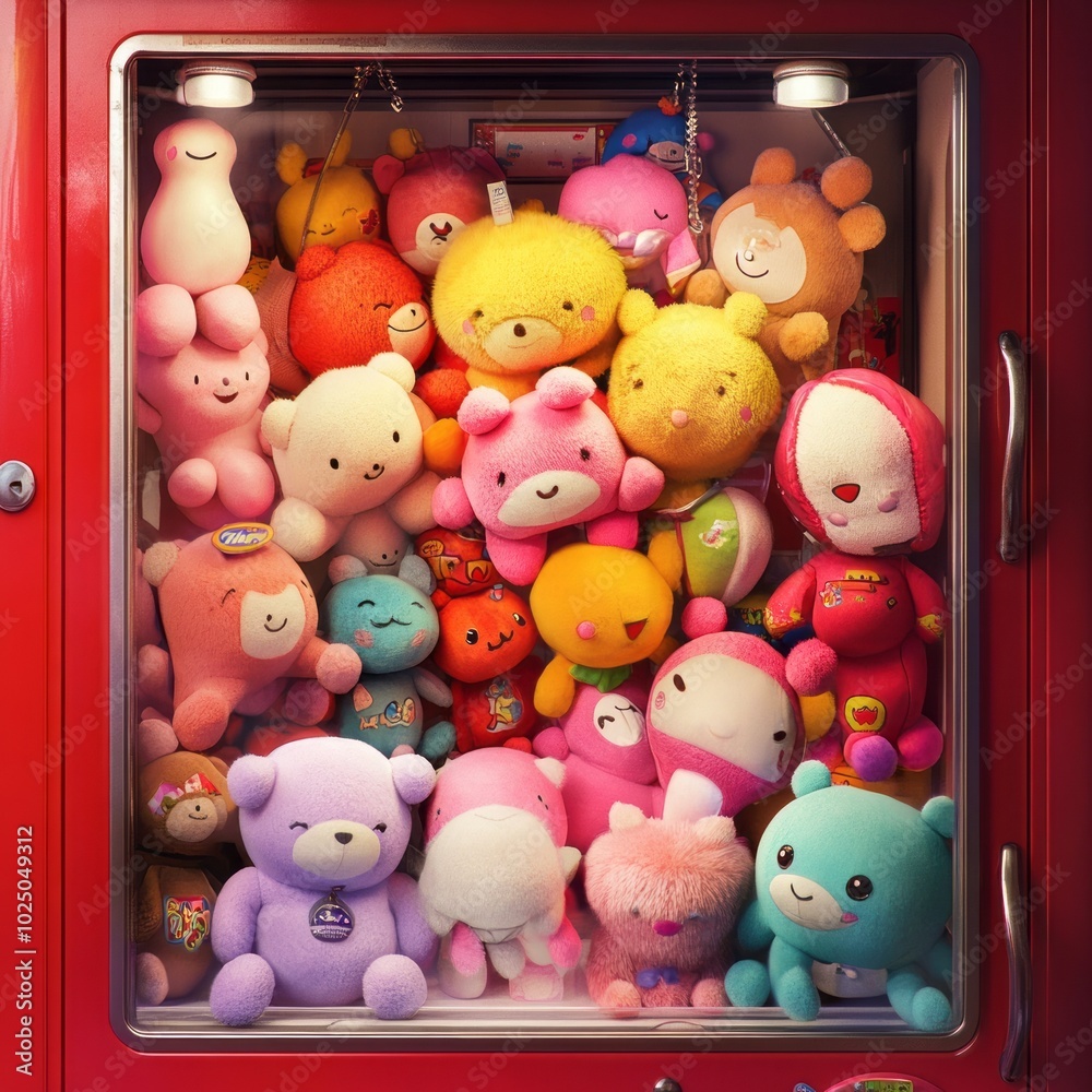 Obraz premium Colorful Claw Machine Overflowing with Plush Toys Vector Illustration