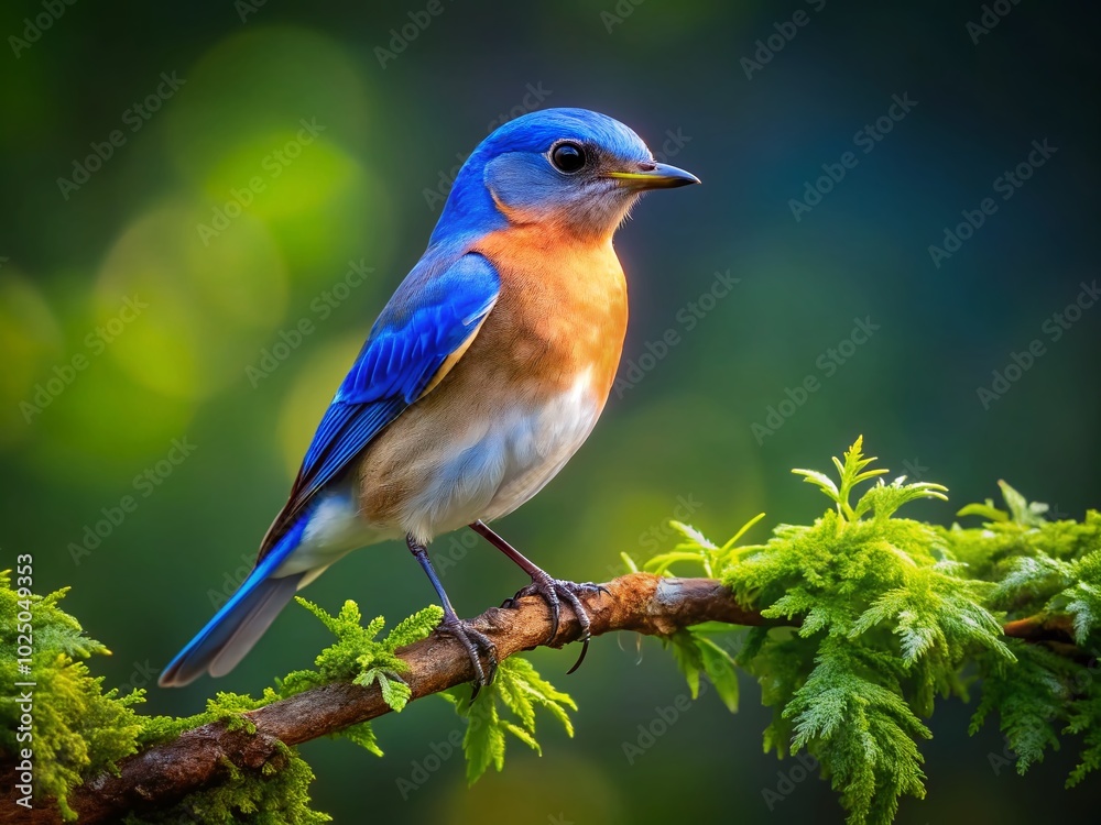 Fototapeta premium Beautiful Eastern Bluebird Perched on a Branch in the Lush Greenery of Missouri's Natural Habitat