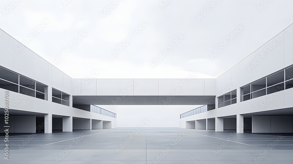 Obraz premium 4. A contemporary 3D view of a white minimal architecture building against a light grey sky, featuring an expansive empty car park, ideal for showcasing various products in a clean, uncluttered