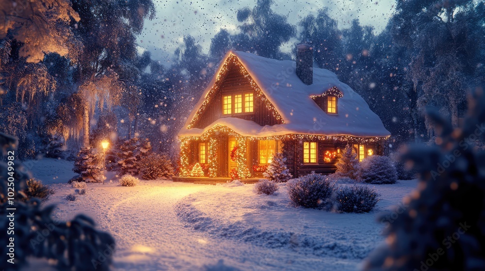 Fototapeta premium Winter Wonderland Cute House with Holiday Lights -- AI generated illustration.
