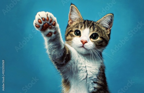 A playful cat raises its paw against a vibrant blue backdrop, radiating charm and curiosity in a delightful moment photo