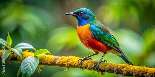 Beautiful Honey Bird Perched on a Branch with Vibrant Plumage in a Lush Natural Environment photo