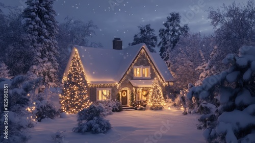 Winter Wonderland Cute House with Holiday Lights -- AI generated illustration.