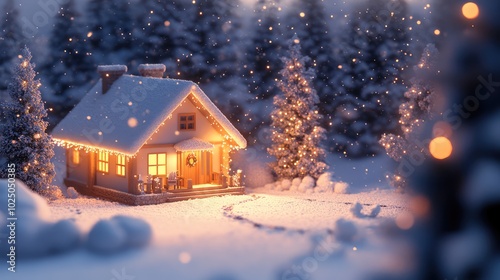 Winter Wonderland Cute House with Holiday Lights -- AI generated illustration.