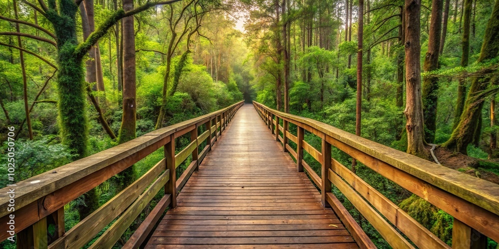 Wooden bridge walkway through wild forest with canopy of trees, providing panoramic views Wooden bridge walkway through wild forest with canopy of trees, providing panoramic views