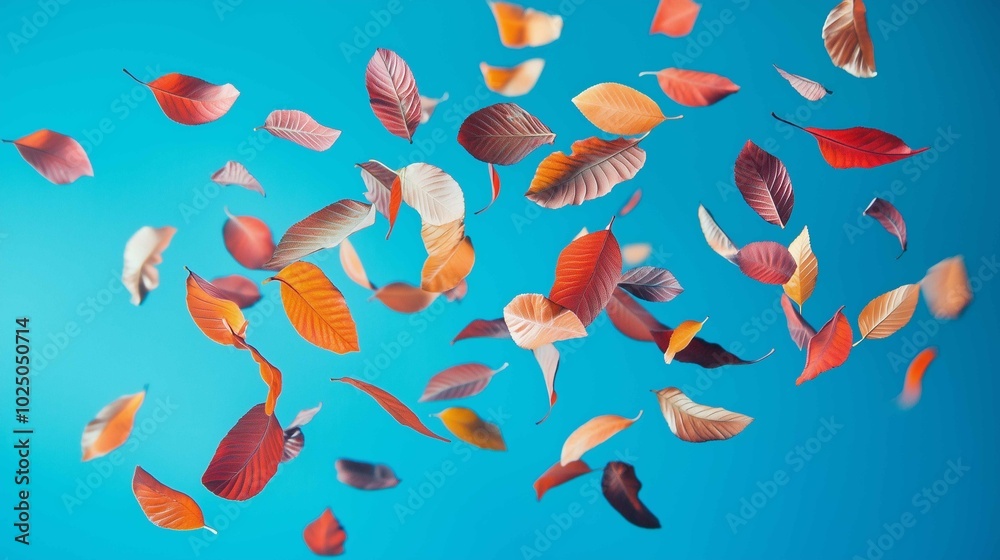 Beautiful bright colorful autumn leaves falling in the air isolated on blue background. Zero gravity or levitation autumn conception. High resolution image.
