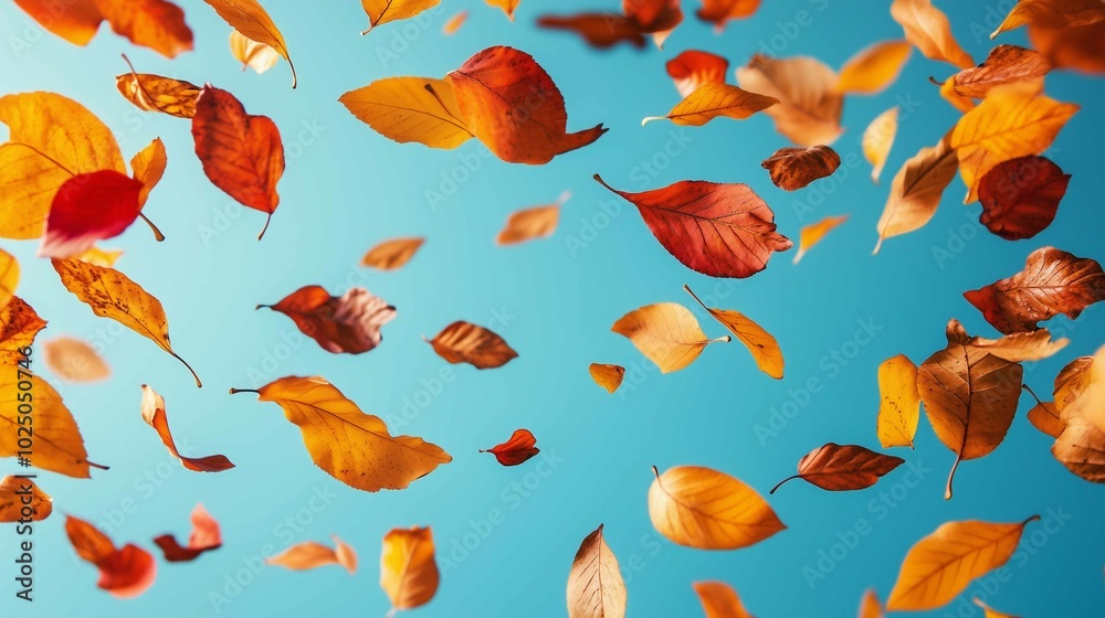 Beautiful bright colorful autumn leaves falling in the air isolated on blue background. Zero gravity or levitation autumn conception. High resolution image.
Beautiful bright colorful autumn leaves falling in the air isolated on blue background. Zero gravity or levitation autumn conception. High resolution image.