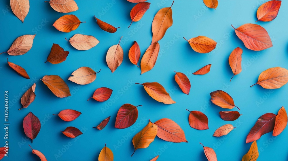 Beautiful bright colorful autumn leaves falling in the air isolated on blue background. Zero gravity or levitation autumn conception. High resolution image.
