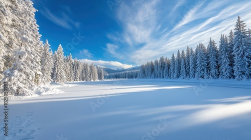 Serene Winter Wonderland with Snow-Covered Pines