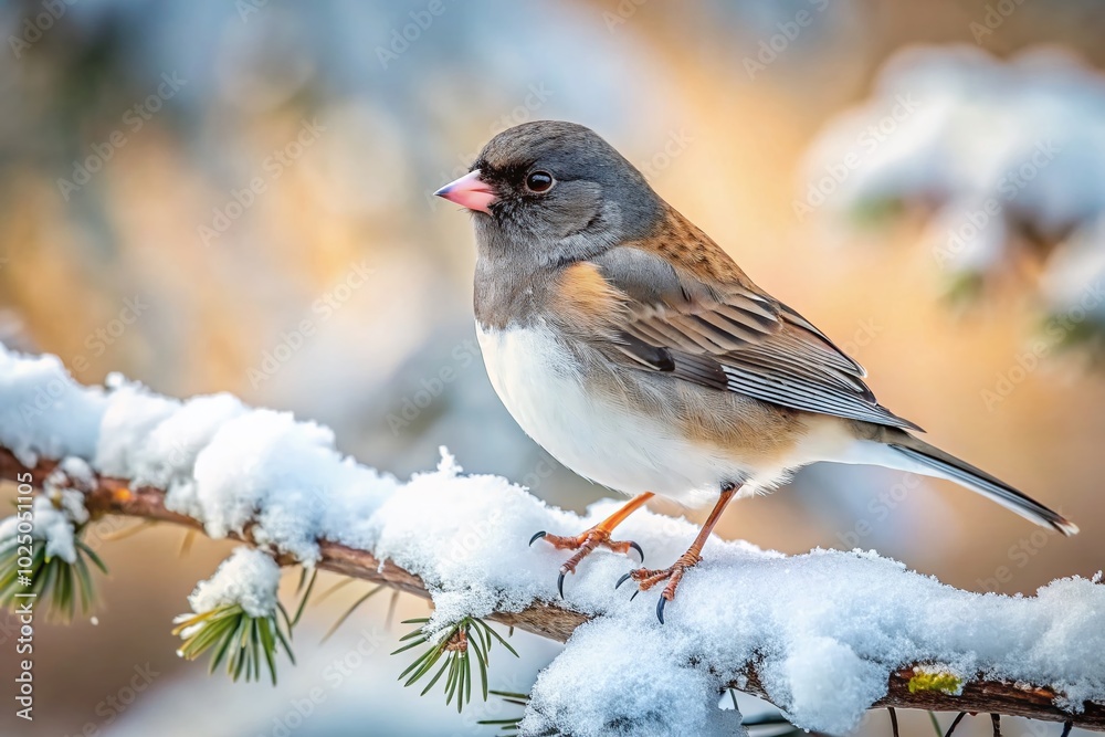 Fototapeta premium Beautiful Junco Bird Perched on Branch in Winter Scene Surrounded by Snowy Landscape and Nature