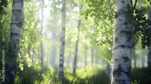   A lush forest brimming with numerous trees, their verdant foliage catching sunlight that dances onto tree trunks