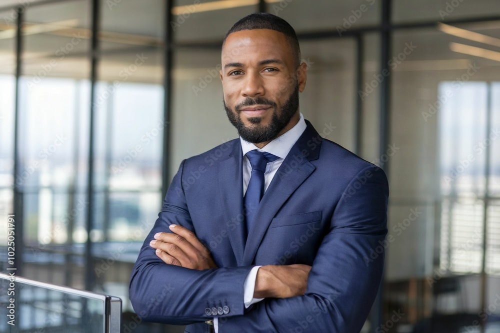 Portrait of confident African American businessman standing with arms crossed in office Portrait of confident African American businessman standing with arms crossed in office