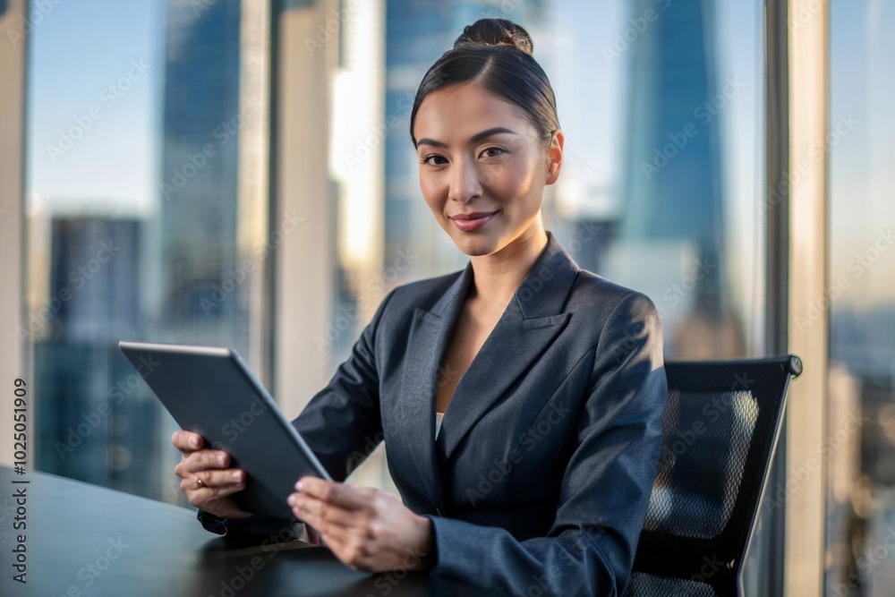 Asian businesswoman using digital tablet in the office with skyscraper background Asian businesswoman using digital tablet in the office with skyscraper background