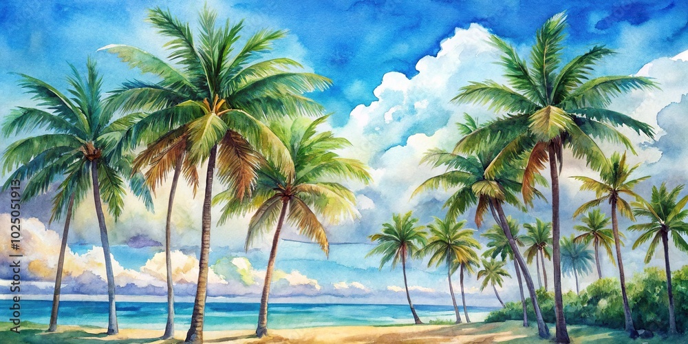 Watercolor tropical scenery painting with palm trees and blue sky Watercolor tropical scenery painting with palm trees and blue sky