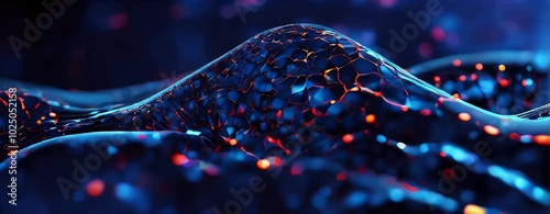 Futuristic neural network, glowing blue synapses, abstract digital brain, neon connections, dark background, microscopic view, artificial intelligence visualization, bioluminescent neurons