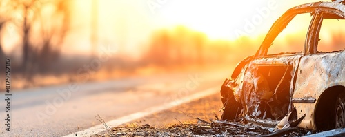 Desolate Fire-Damaged Car on Empty Highway - Nature Reclaims Space Under Fading Sunset Evoking Loss and Isolation photo