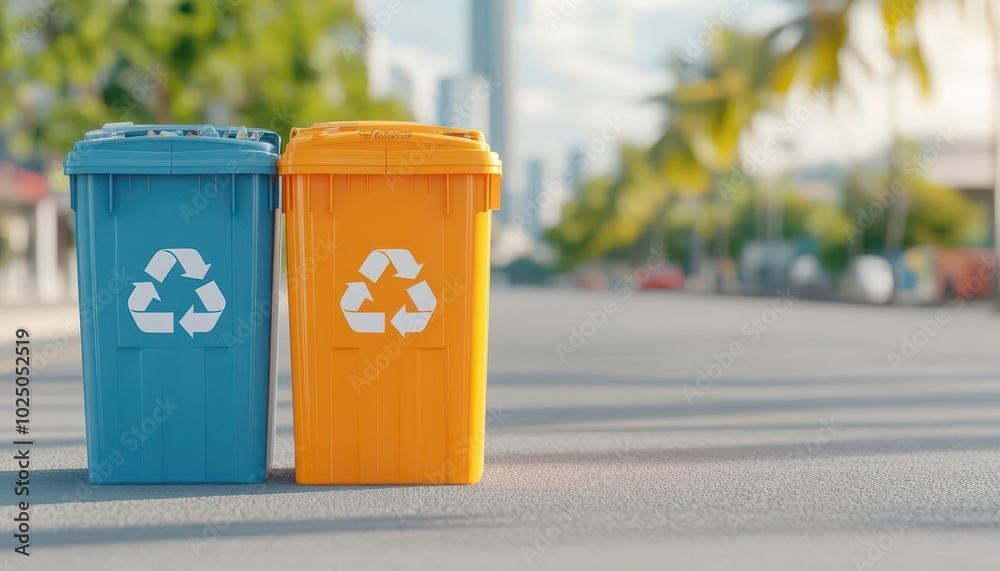 Colorful recycling bins on a sunny street, promoting eco-friendly waste disposal. Colorful recycling bins on a sunny street, promoting eco-friendly waste disposal.