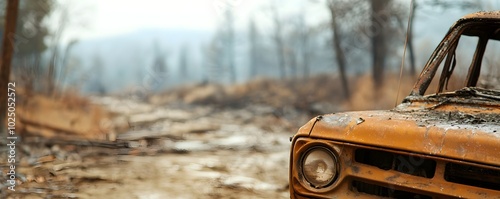 Aftermath of a Forest Fire Burnt Car Amidst Smoky Landscape and Renewing Life - Eerie Scene of Natures Resilience Post-Blaze photo