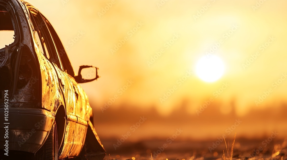 Fire-Damaged Car Silhouette at Sunset - Urban Skyline Contrast Capturing Destruction and Beauty in a Fiery Glow Fire-Damaged Car Silhouette at Sunset - Urban Skyline Contrast Capturing Destruction and Beauty in a Fiery Glow