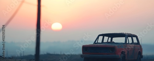 Fire-Damaged Car in Misty Valley at Dawn - Eerie Landscape with Rising Sun Evokes Somber Mood and Quiet Reflection photo