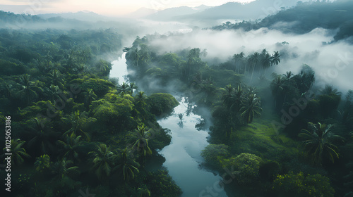 Fototapeta Naklejka Na Ścianę i Meble -  A lush jungle with a river running through it. Misty Jungle. Illustration