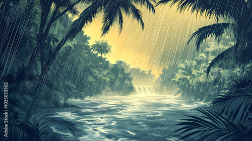 A monsoon rainstorm drenching a tropical jungle, rivers swelling as water rushes through the trees. Tropical Rainstorm. Illustration