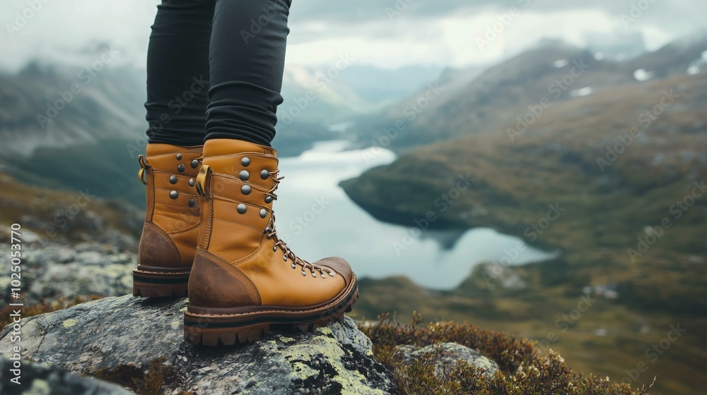 Hiker legs wearing leather boots hiking on high altitude mountain top,with a lake in the distance
