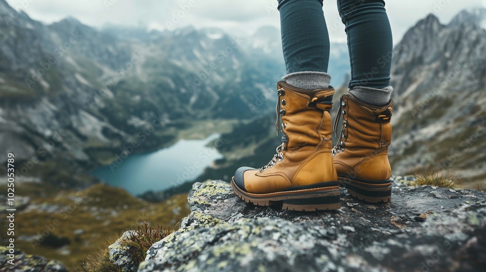 Hiker legs wearing leather boots hiking on high altitude mountain top,with a lake in the distance
Hiker legs wearing leather boots hiking on high altitude mountain top,with a lake in the distance