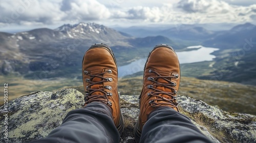 Hiker legs wearing leather boots hiking on high altitude mountain top,with a lake in the distance 