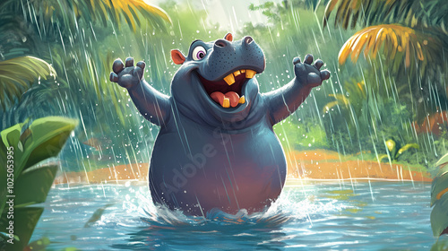 A cheerful hippopotamus happily dancing and splashing around in a lush tropical rainstorm setting the vibrant colorful scene captures the animal s carefree. Tropical Rainstorm. Illustration photo